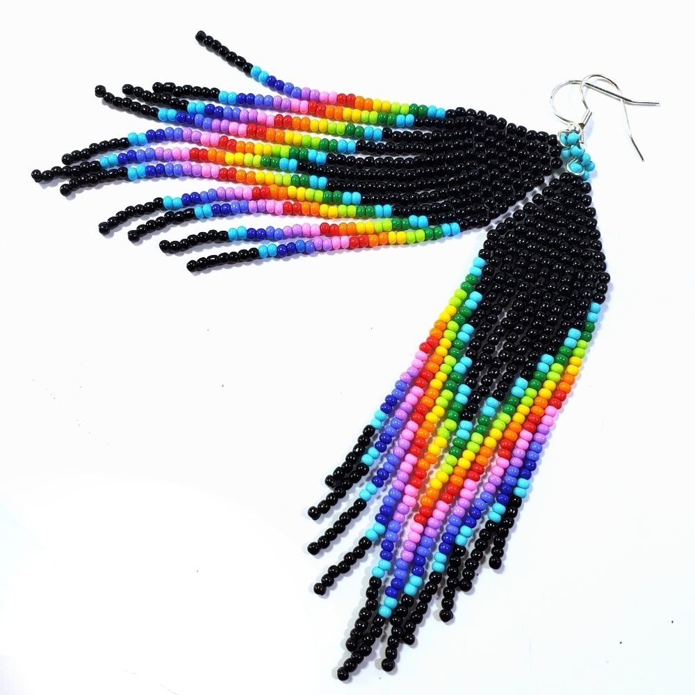 "Dark Side of the Moon" Frings Seed Bead Earrings - Picture 3 of 5
